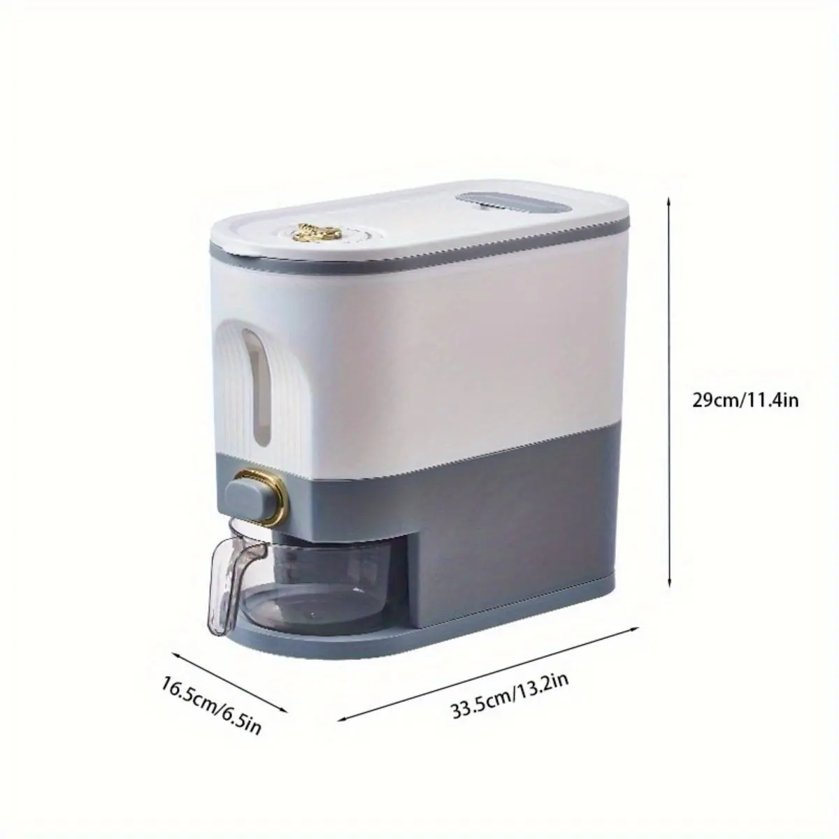 Dispensador de arroz con taza medidora y escala de tiempo - 11.02 lb/22.05 lb, a prueba de polvo, apilable, de plástico duradero, con múltiples compartimentos, apto para alimentos.
