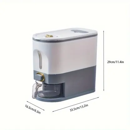 Dispensador de arroz con taza medidora y escala de tiempo - 11.02 lb/22.05 lb, a prueba de polvo, apilable, de plástico duradero, con múltiples compartimentos, apto para alimentos.