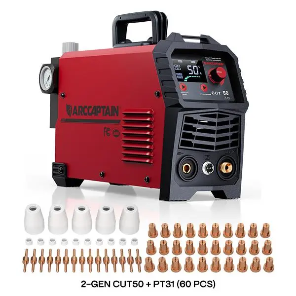 Cortadora de plasma CUT-50 de 50A con inversor IGBT, voltaje dual 110/220V, pantalla LED, corte limpio de metal y diseño portátil.