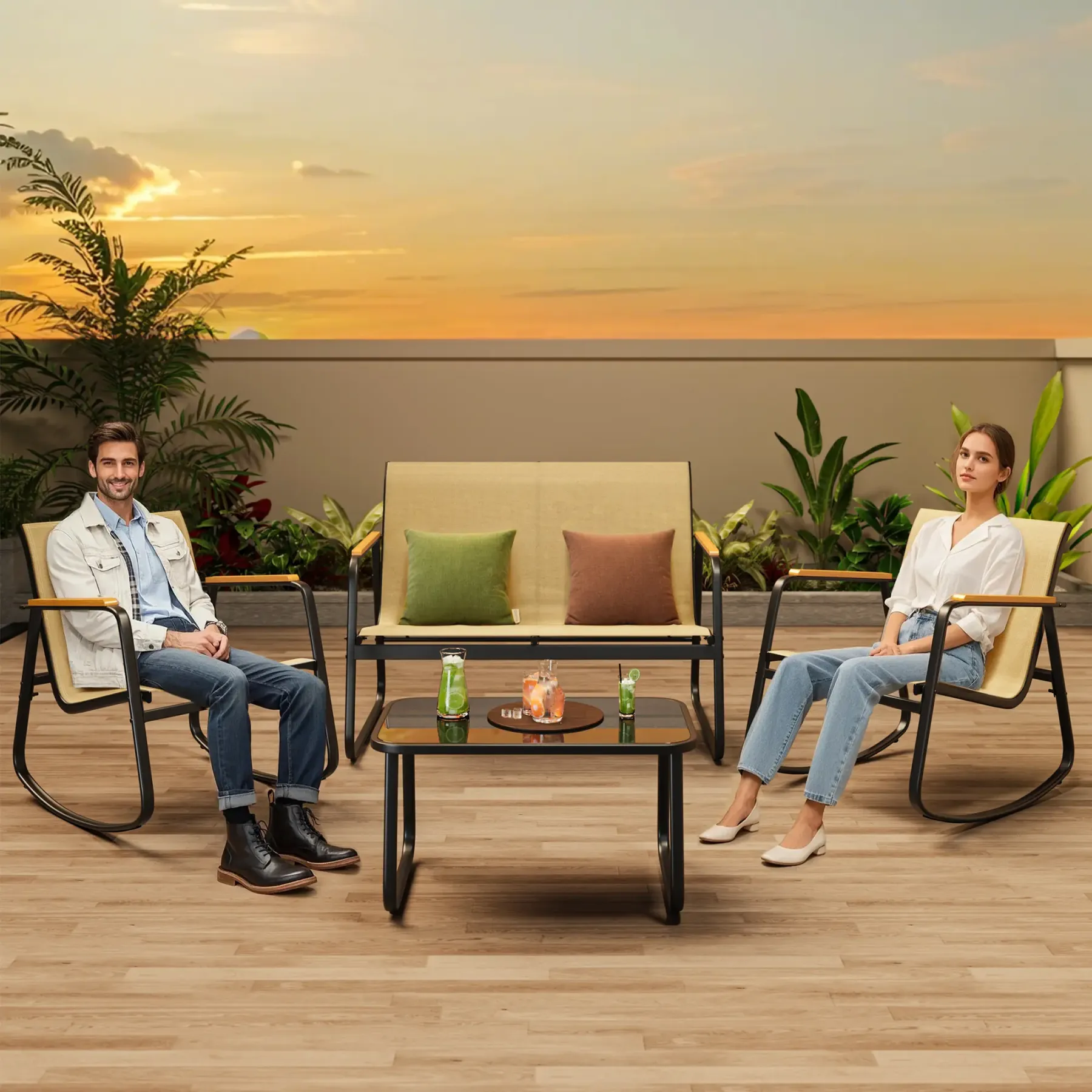 Juego de muebles de patio modernos de 4 piezas, resistente conjunto para zona de conversación: resistente a la intemperie, estable y con reposabrazos de madera; incluye 2 mecedoras y mesa de centro para patio o balcón.