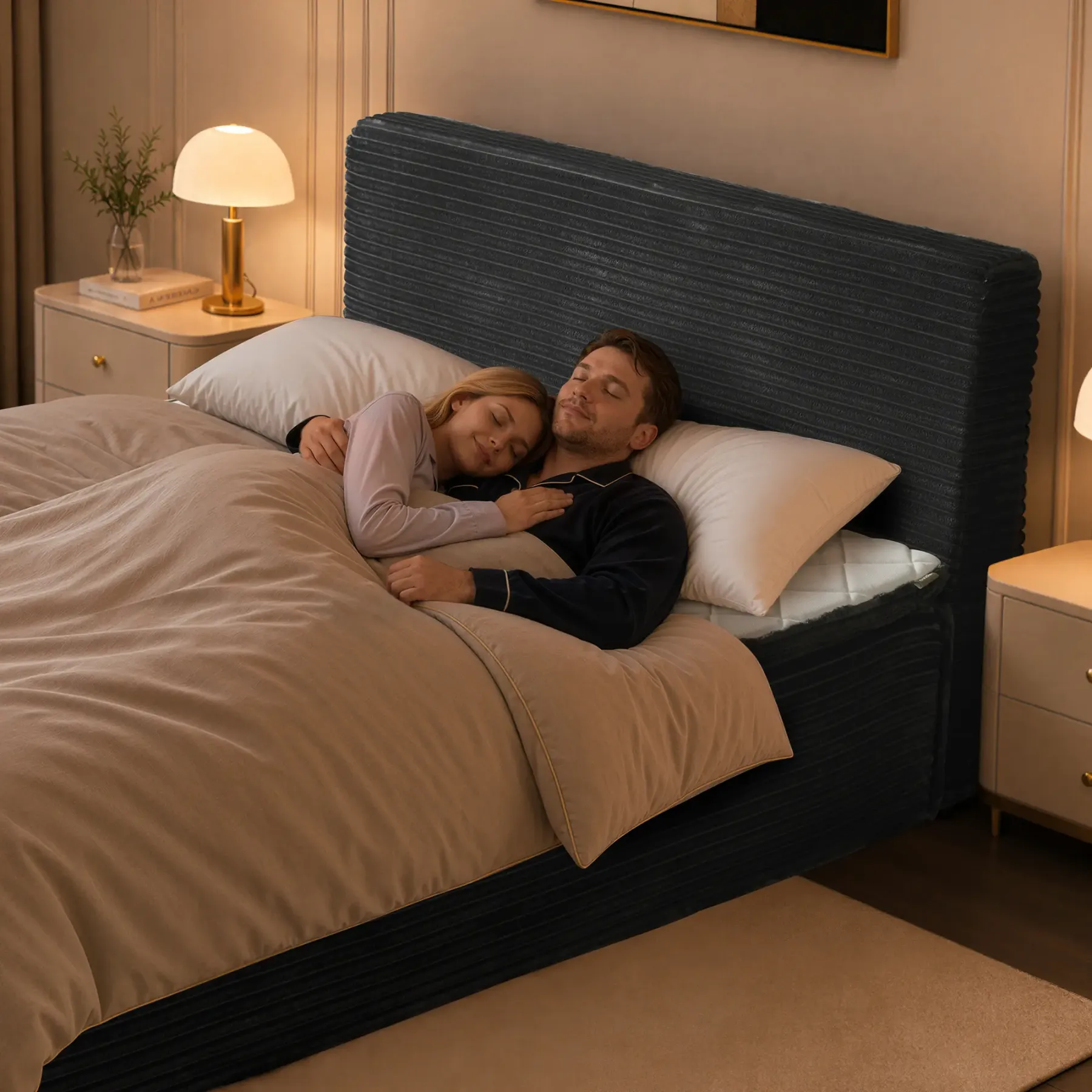 Cama moderna sin huesos todo en uno, cama a ras de suelo con pana suave y mullida para un sueño profundo, espuma viscoelástica de firmeza media para aliviar el dolor de espalda, colchón con aislamiento de movimiento en caja y sin necesidad de montaje.