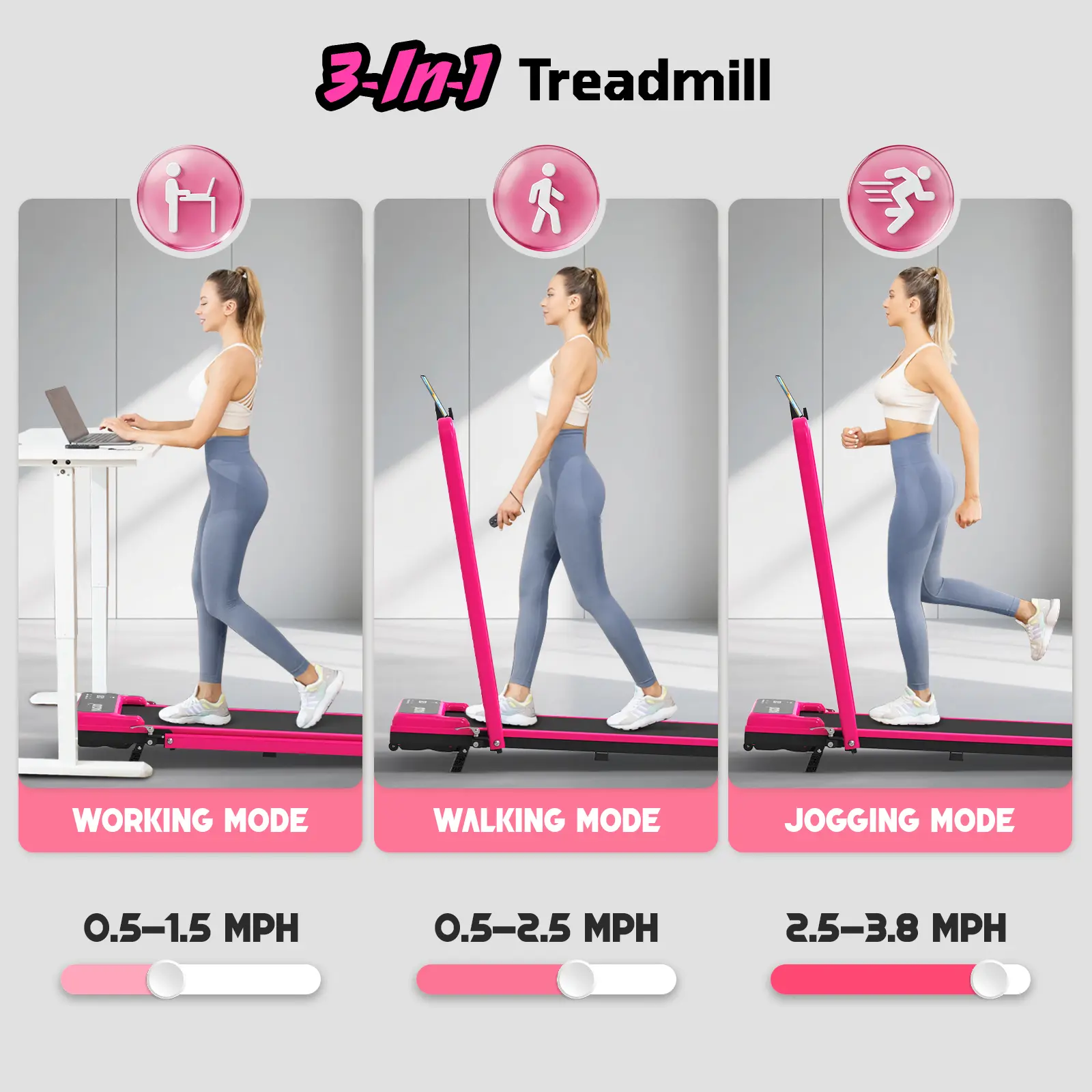 Cinta de caminar plegable, capacidad de carga de 120 kg (265 libras), cinta de correr con superficie amplia, motor silencioso, doble sistema de amortiguación, control remoto y ruedas para un fácil desplazamiento.