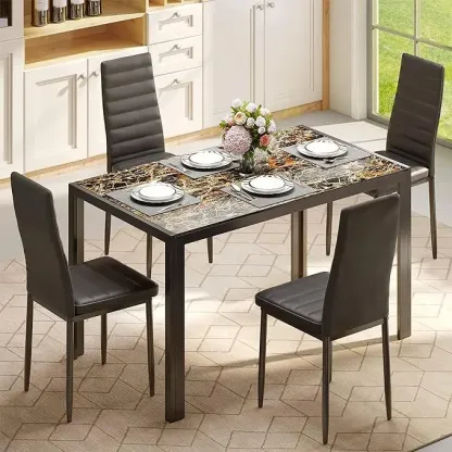 Juego de comedor de 5 piezas con mesa de vidrio y sillas para 4 personas, diseño moderno con cuero PU, ideal para cocina, sala de estar, apartamentos y decoración del hogar.