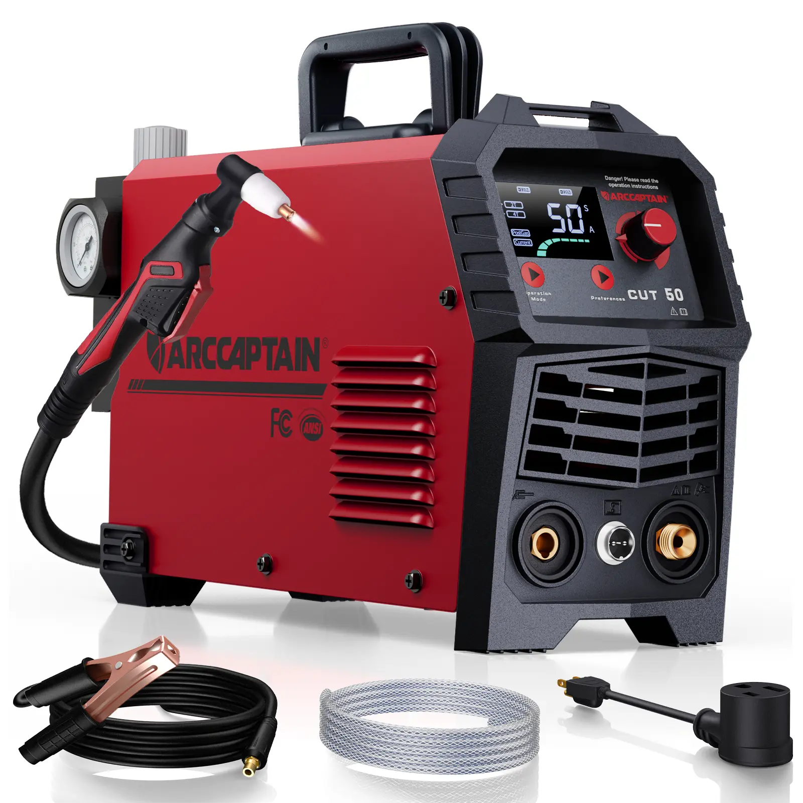 Cortadora de plasma CUT-50 de 50A con inversor IGBT, voltaje dual 110/220V, pantalla LED, corte limpio de metal y diseño portátil.