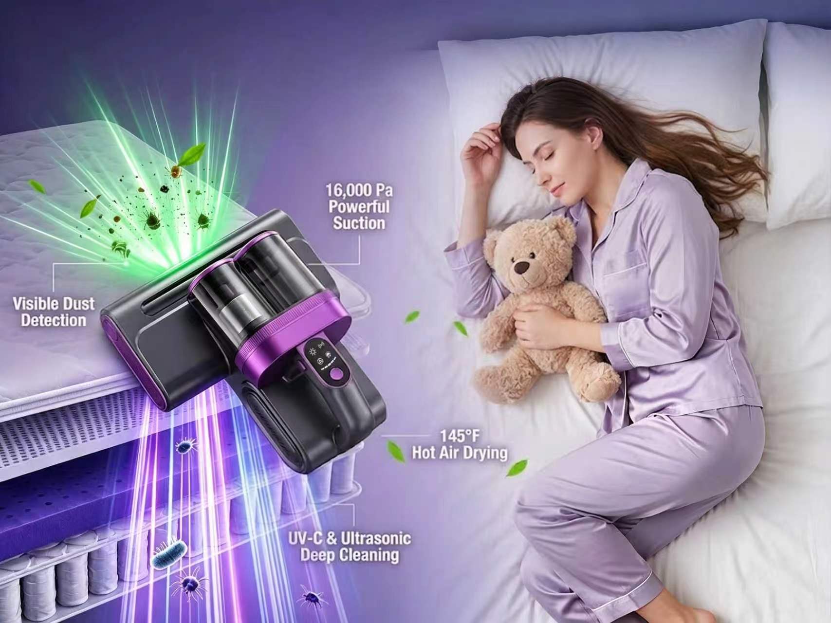 Cordless Mattress Vacuum Cleaner, 16Kpa Deep Clean Bed Vac with 80000 RPM Tapping, UV-C Light & Ultrasonic, Dual HEPA Dust Cup for Sofa, Crib and Pet Hair,sohochic