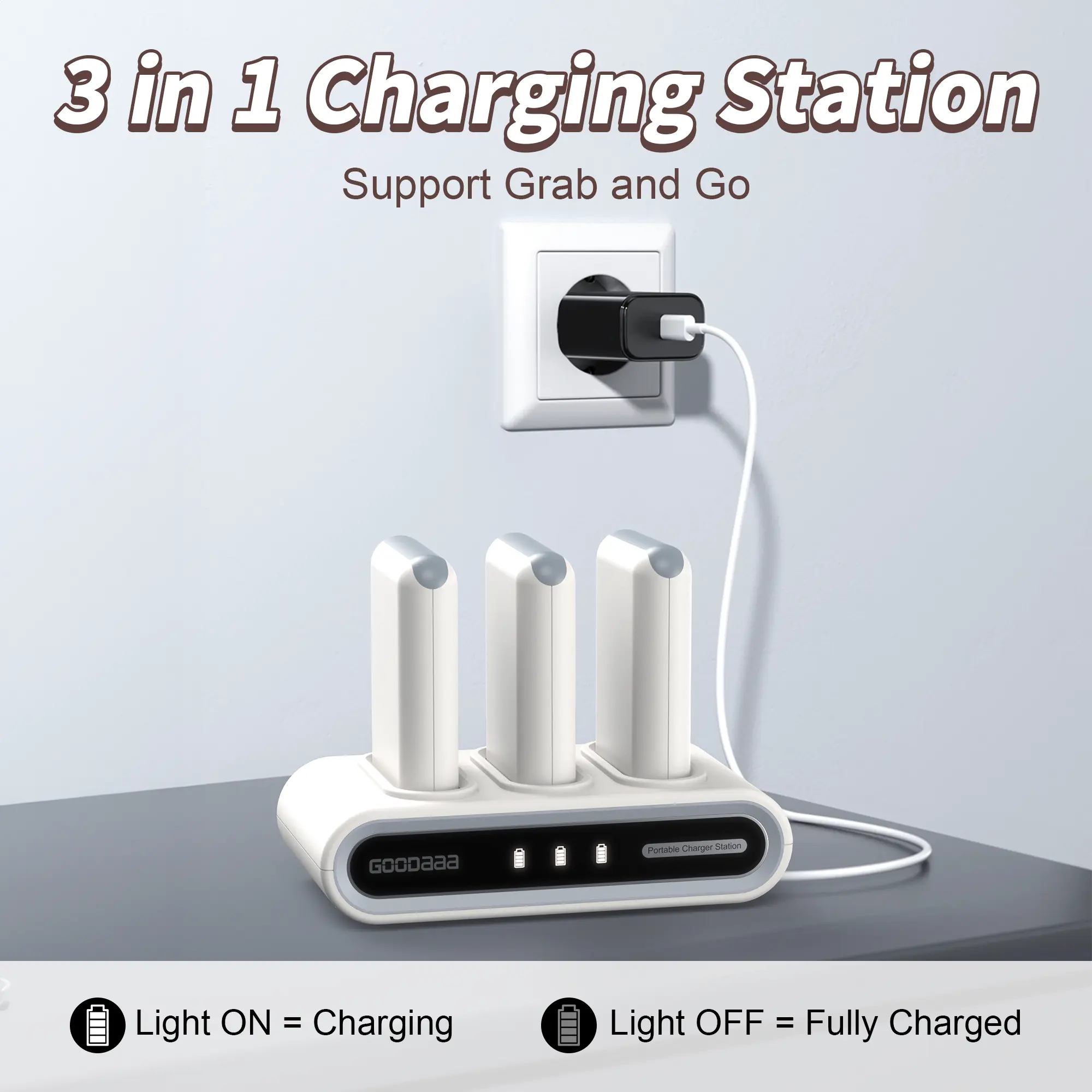 Paquete de 3 baterías externas de 10 000 mAh con base de carga, cables integrados, dispositivos tecnológicos innovadores y cargador portátil.
