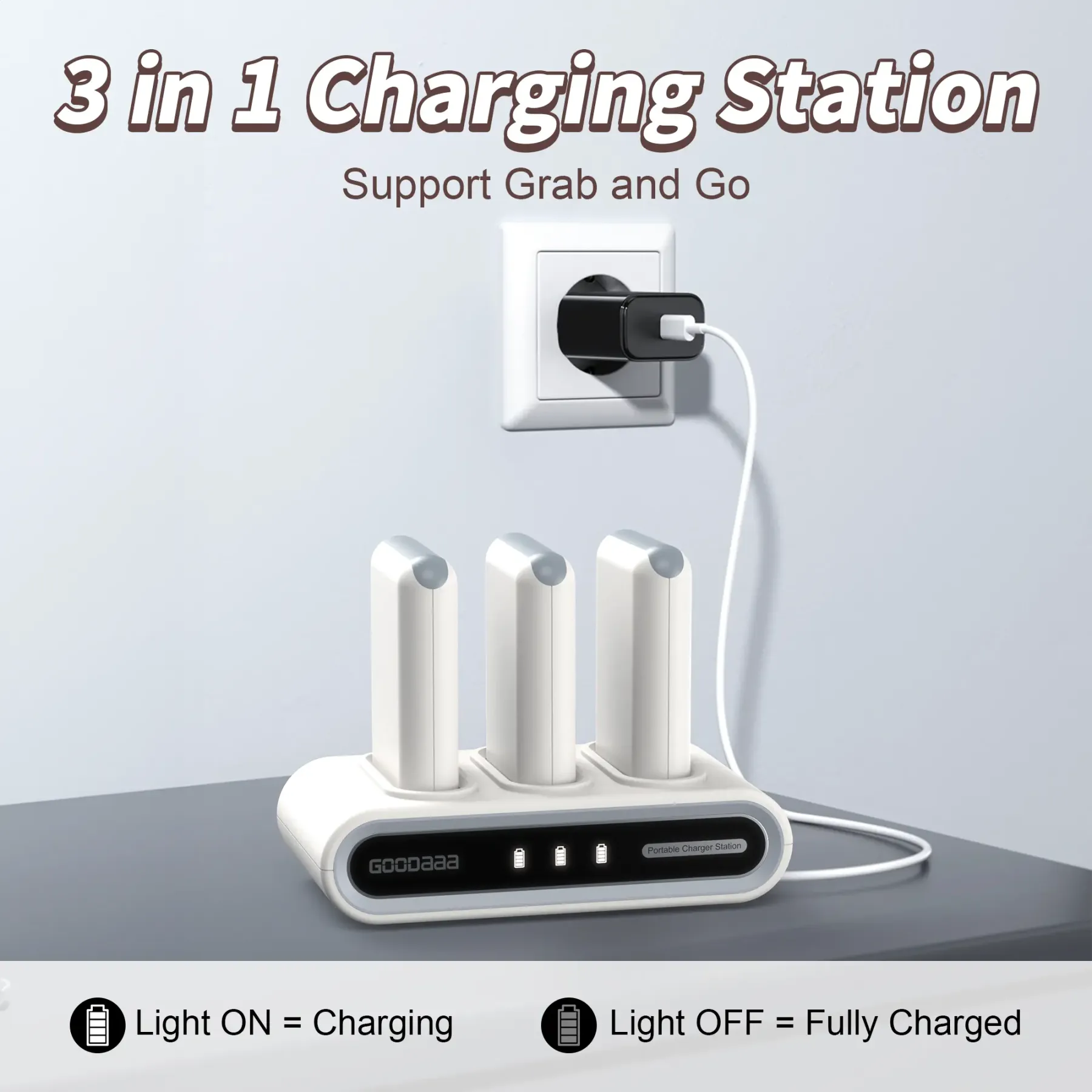 Paquete de 3 baterías externas de 10 000 mAh con base de carga, cables integrados, dispositivos tecnológicos innovadores y cargador portátil.