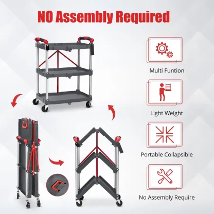 Carrito multiusos plegable de 3 niveles para el hogar y la oficina: capacidad de 150 libras, ruedas giratorias de 360° con freno, listo para usar, organizador con ruedas versátil.