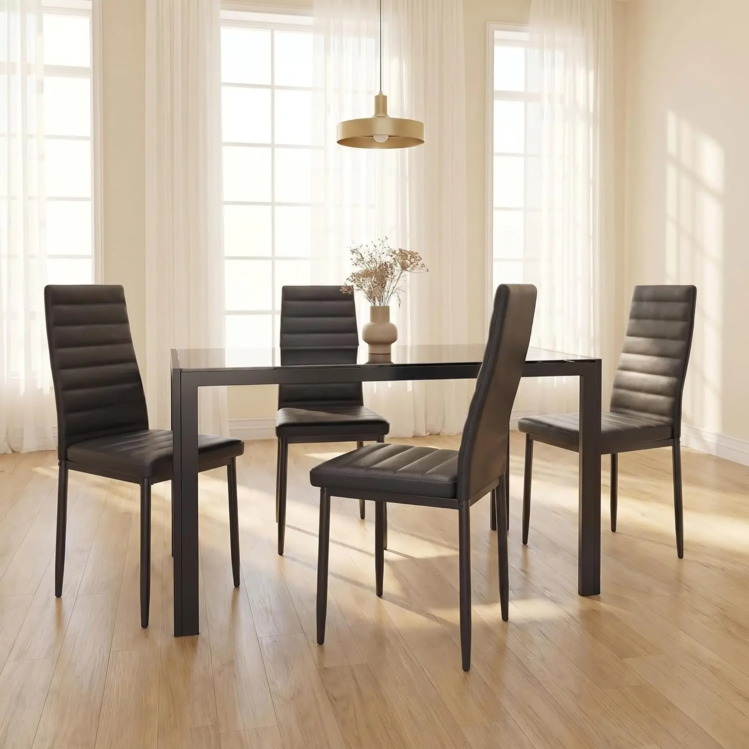 Juego de comedor de 5 piezas con mesa de vidrio y sillas para 4 personas, diseño moderno con cuero PU, ideal para cocina, sala de estar, apartamentos y decoración del hogar.