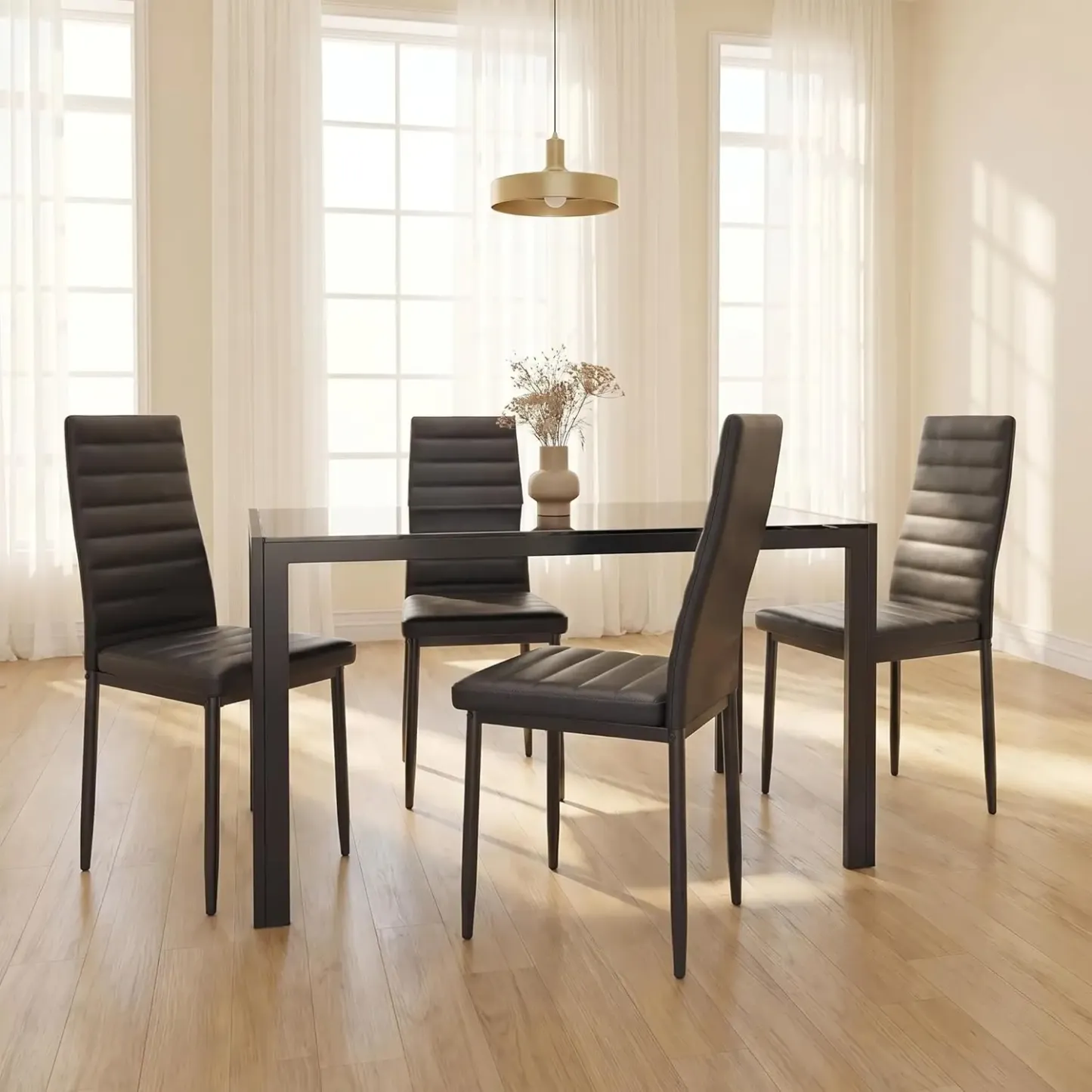 Juego de comedor de 5 piezas con mesa de vidrio y sillas para 4 personas, diseño moderno con cuero PU, ideal para cocina, sala de estar, apartamentos y decoración del hogar.