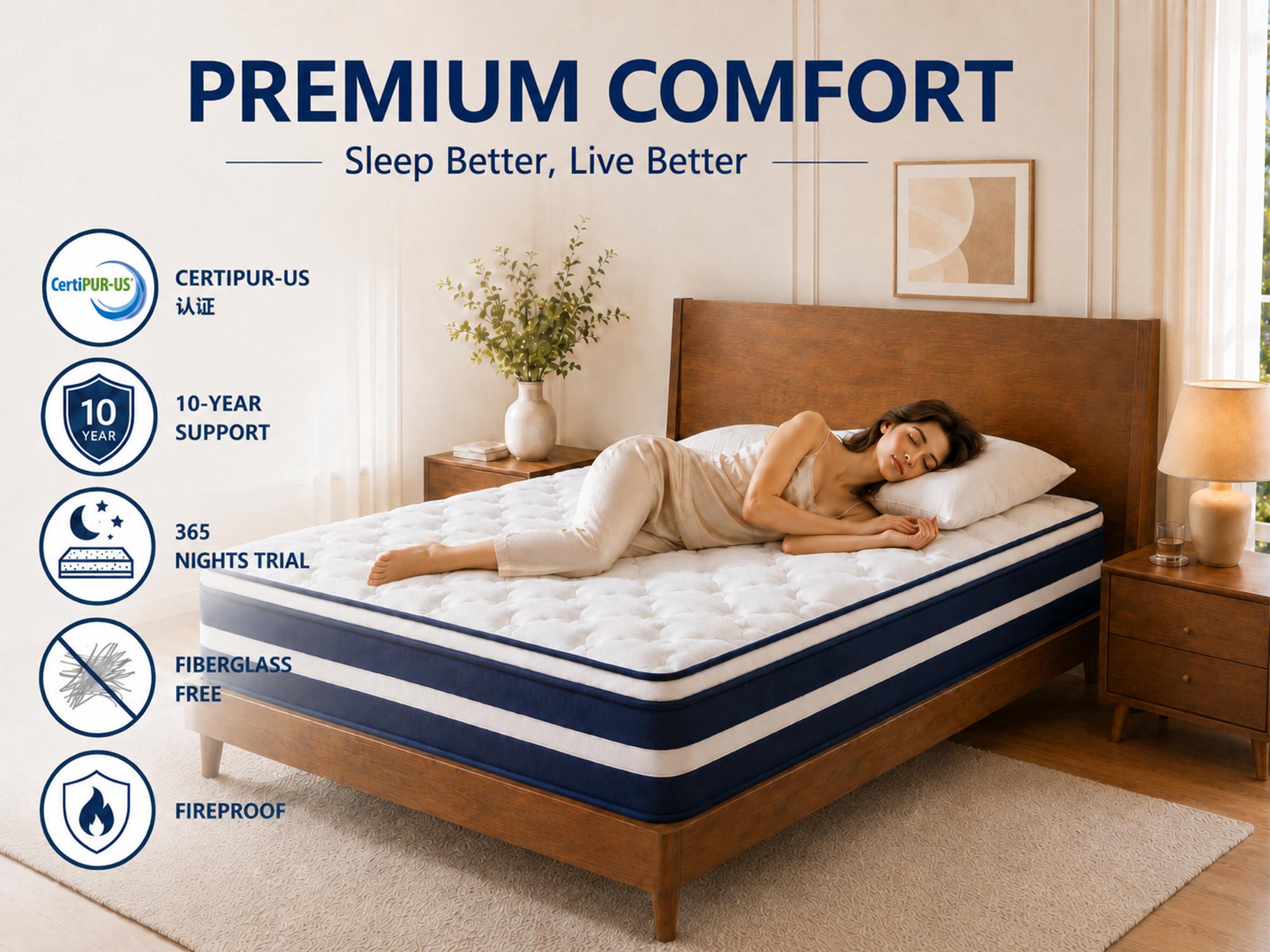 10/12/14 Inch Twin/Full//Queen/King , Fiberglass-Free Hybrid Mattress in a Box (Queen Size), Memory Foam & Pocket Spring, Pressure Relief, Motion Isolation, Zoned Back Support, Breathable Knit Cover, Soft Comfortable Black Mattress, Queen Size mattress