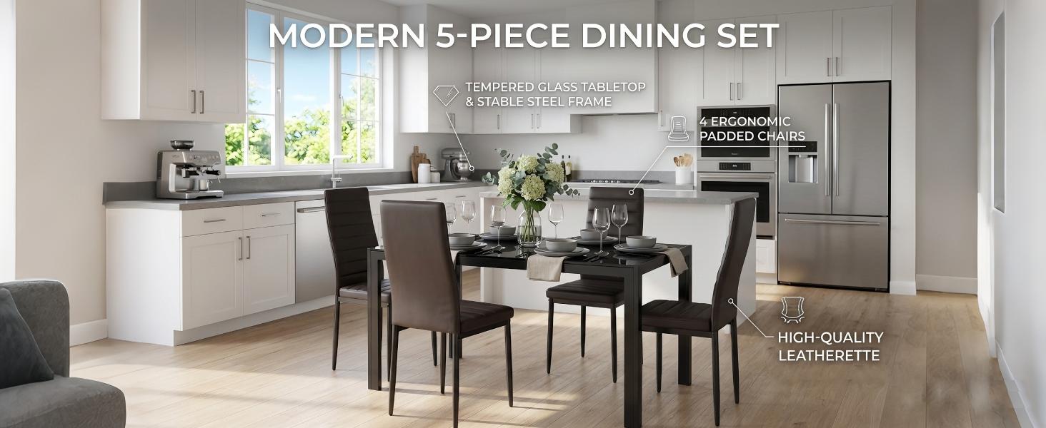 【2 Packages Shipping】Gizoon 5 Piece Glass Dining Table Set, Kitchen and Chairs for 4, PU Leather Modern Room Sets for Home, Kitchen, Living Room Furniture Apartment Furniture,dorm essentials,home decor