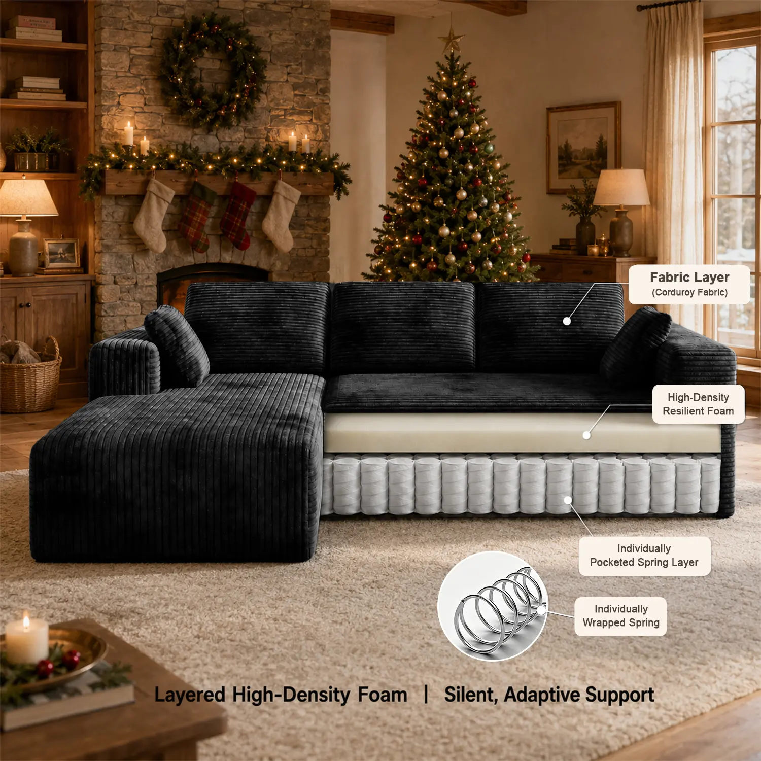 Conjunto moderno de sofá reclinable modular en forma de L de terciopelo