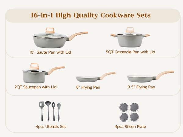 [ New ]FDN 16-Pc Aesthetic Cookware Collection, Non-Toxic PFAS-Free Titanium Caremic Granite Pots and Pans Set, Easy-Clean Oven & Dishwasher Safe, Induction Ready Cooking Set with 10" (24cm) Fry Pan, Glass Lids, Kitchen Utensils, Aluminium, deals for you