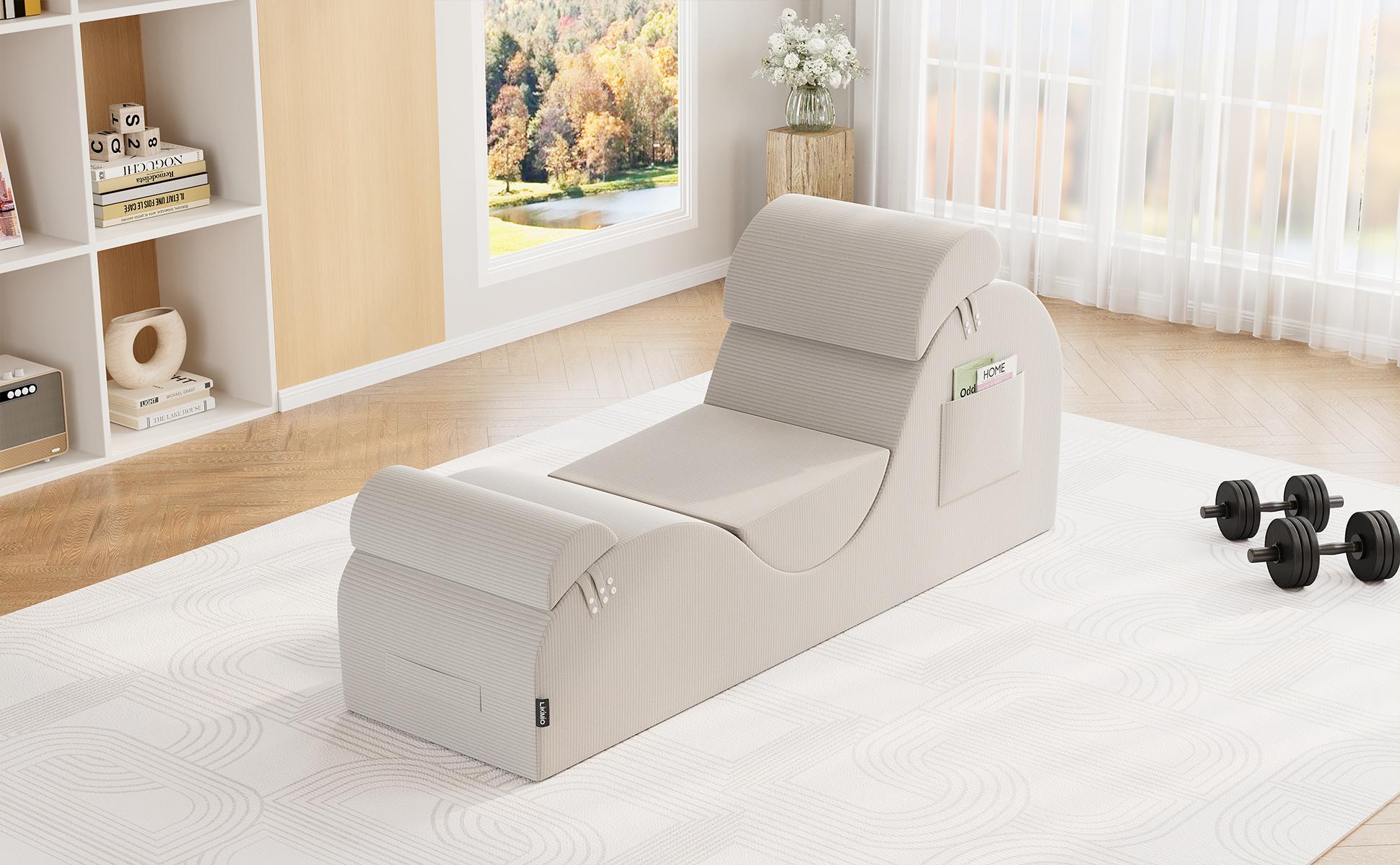 LIKIMIO Corduroy Ergonomic Yoga Chair for Adults - Double-Cushioned, Cushioning, Flexible, Headrest, Non-Plastic Indoor Lounger with Removable Headrest, Waist Cushion, Footrest, Side Pockets, Non-Slip Bottom, High-Density Sponge, Double-Cushioned Indoor L