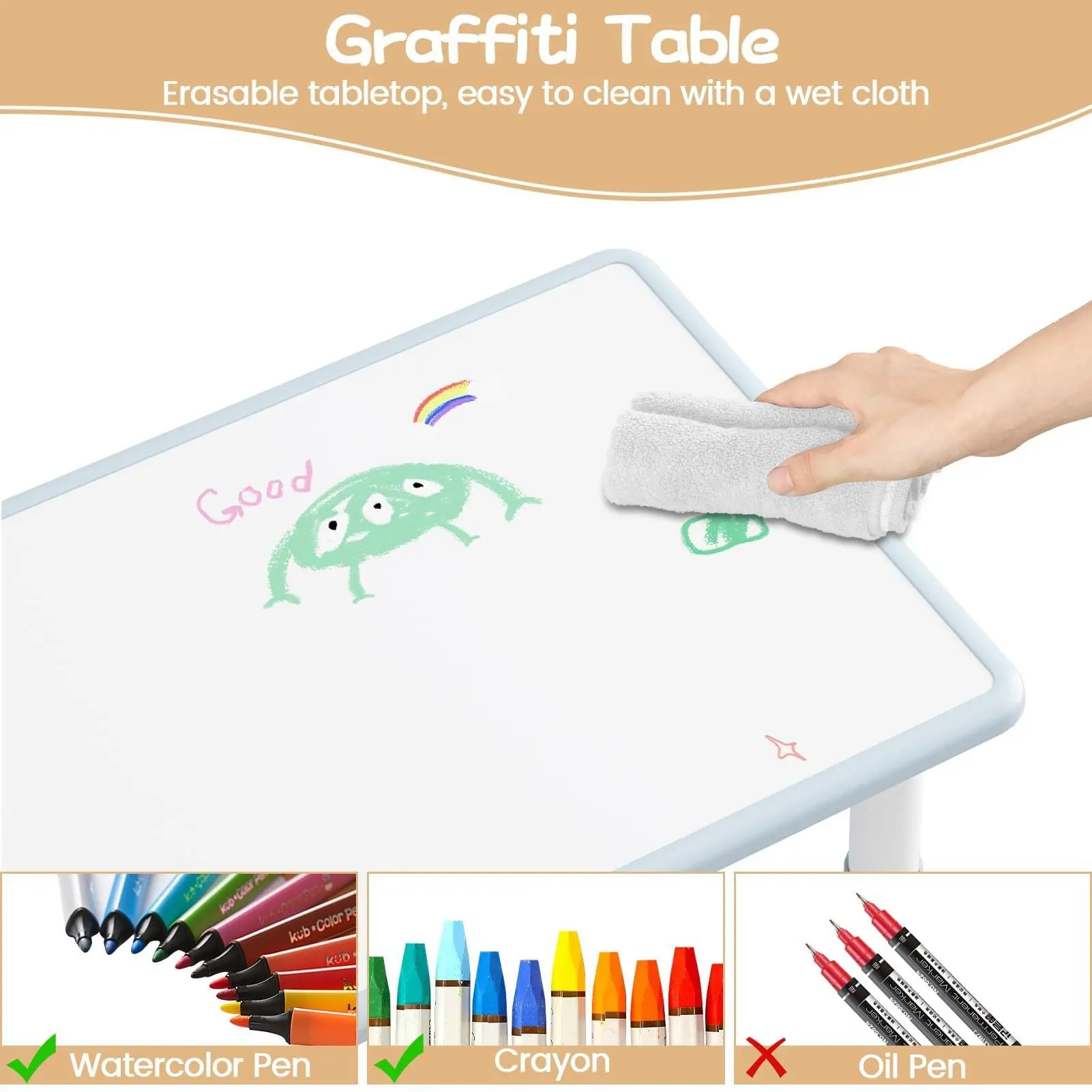 Conjunto de mesa ajustable y 2 sillas con superficie estilo grafiti; ideal para leer, dibujar, jugar y comer; diseñado para niños pequeños con función de altura regulable.