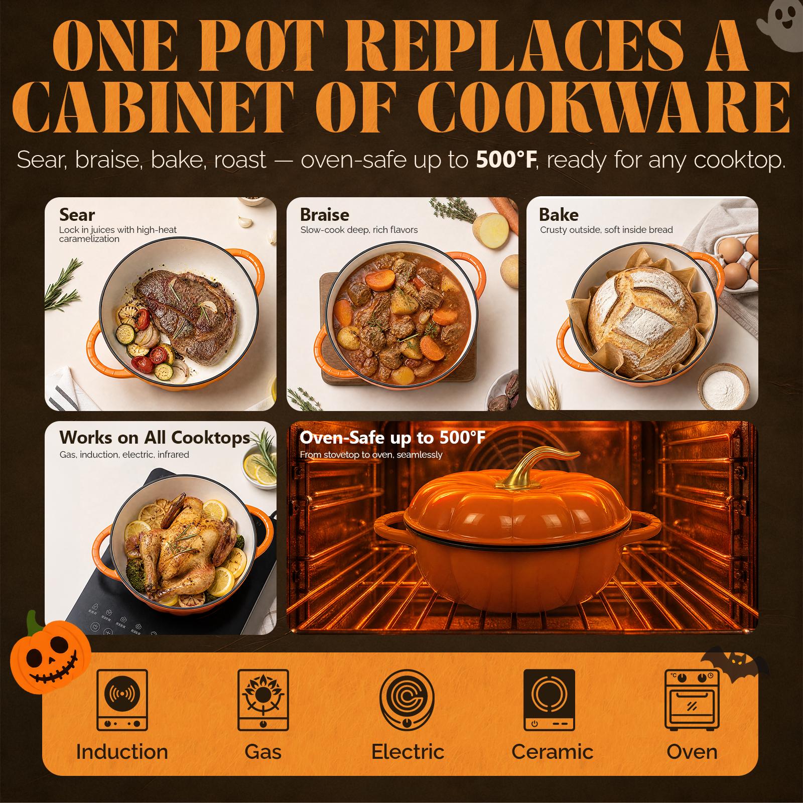 ROVSUN Pumpkin Dutch Oven Pot with Lid &ndash; Enameled Cast Iron Pumpkin Shaped Pot with Gold Stem Knob, Matching Halloween Trivet & Oven Mitts, Fall Cookware for Soup, Stew & Braising, Orange, 5QT/7.5QT