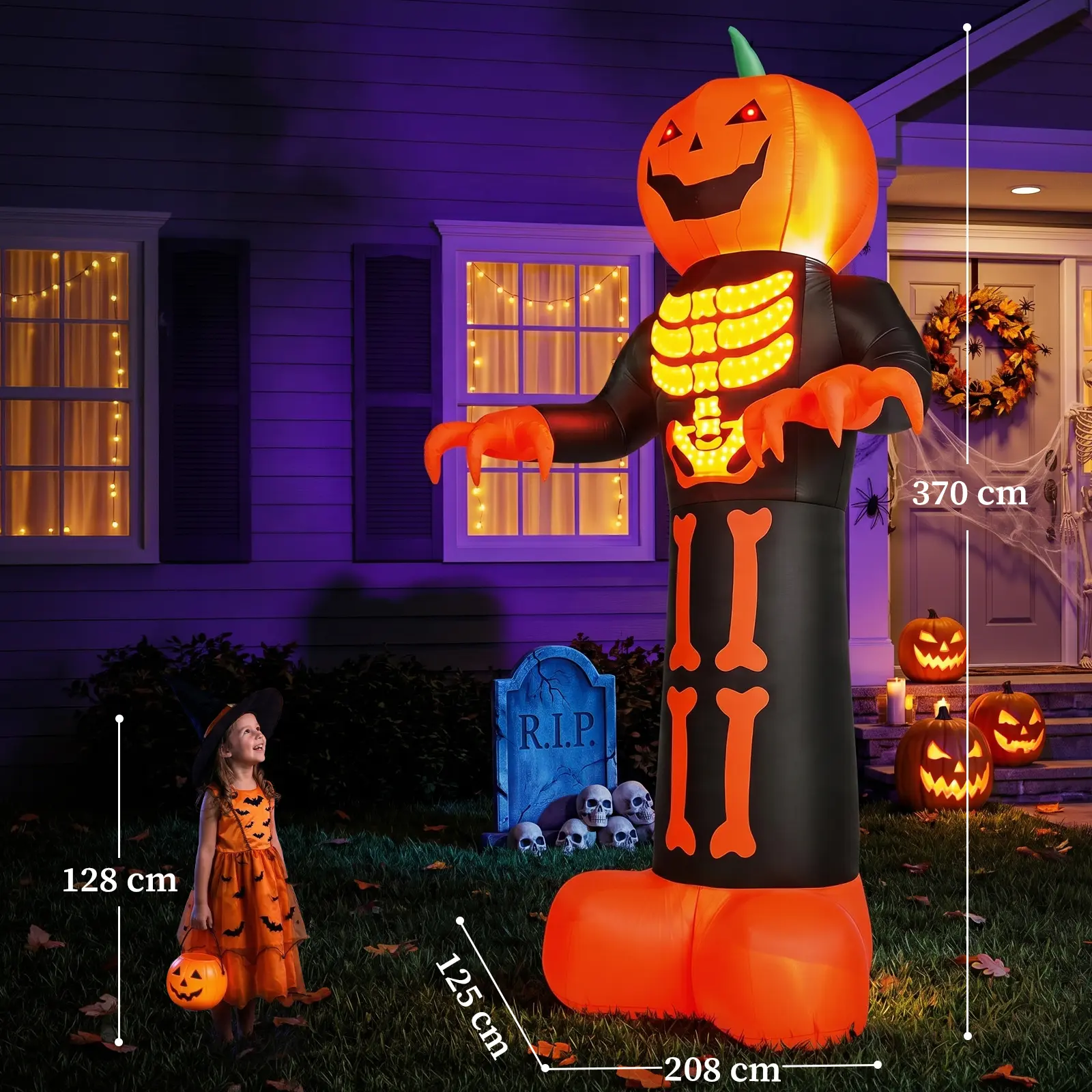 Figura inflable de 12 pies de la Parca con cabeza de calabaza espeluznante y 3 luces LED