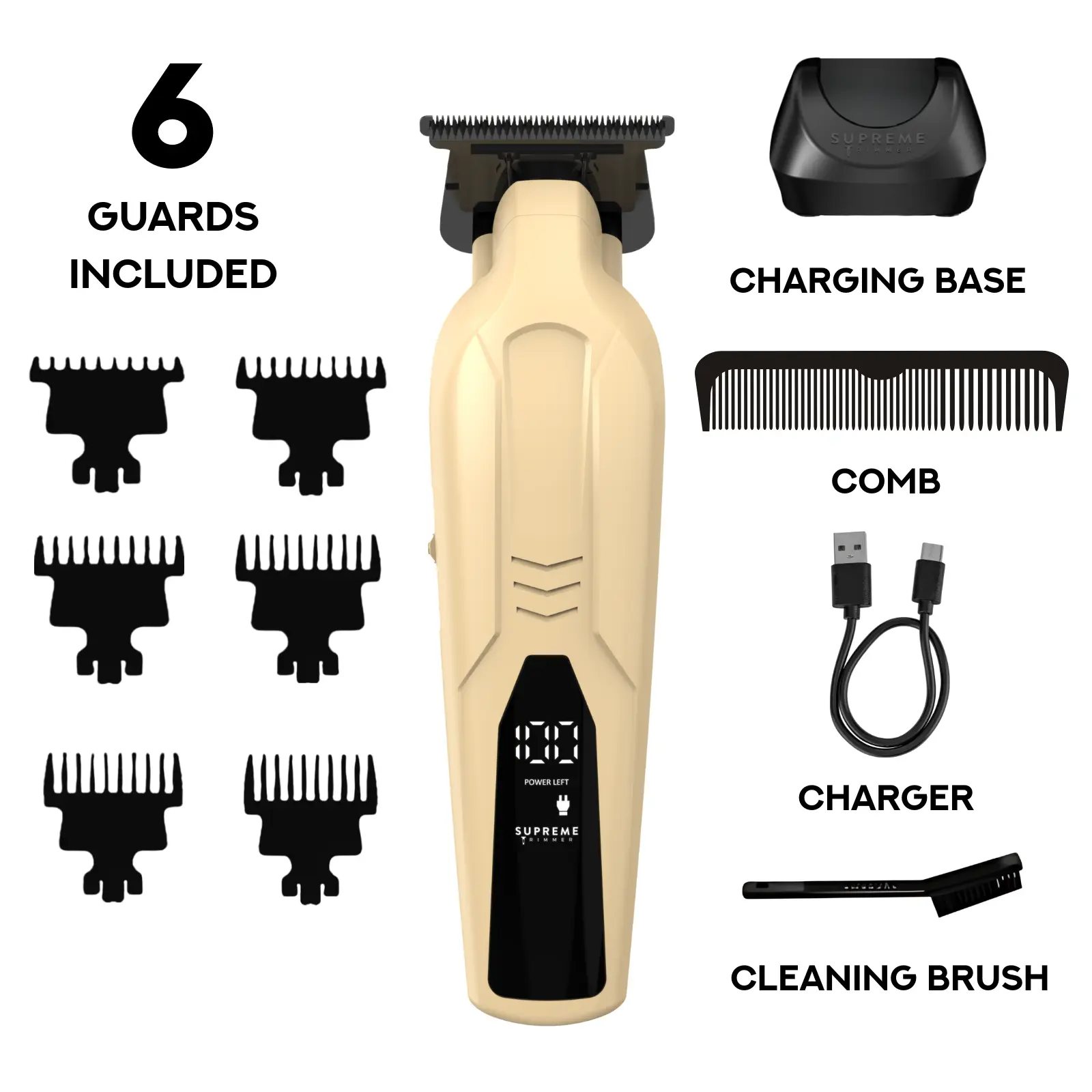 Supreme Trimmer VADER Lite: Cortapelos tipo T-Liner con 6 peines guía, carga USB-C, batería de larga duración, motor de 6,5 W y 7000 RPM para cortes precisos; diseño ergonómico para uso prolongado, inalámbrico y fabricado en acero.