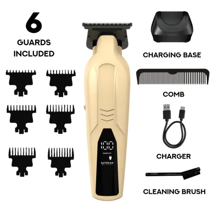 Supreme Trimmer VADER Lite: Cortapelos tipo T-Liner con 6 peines guía, carga USB-C, batería de larga duración, motor de 6,5 W y 7000 RPM para cortes precisos; diseño ergonómico para uso prolongado, inalámbrico y fabricado en acero.