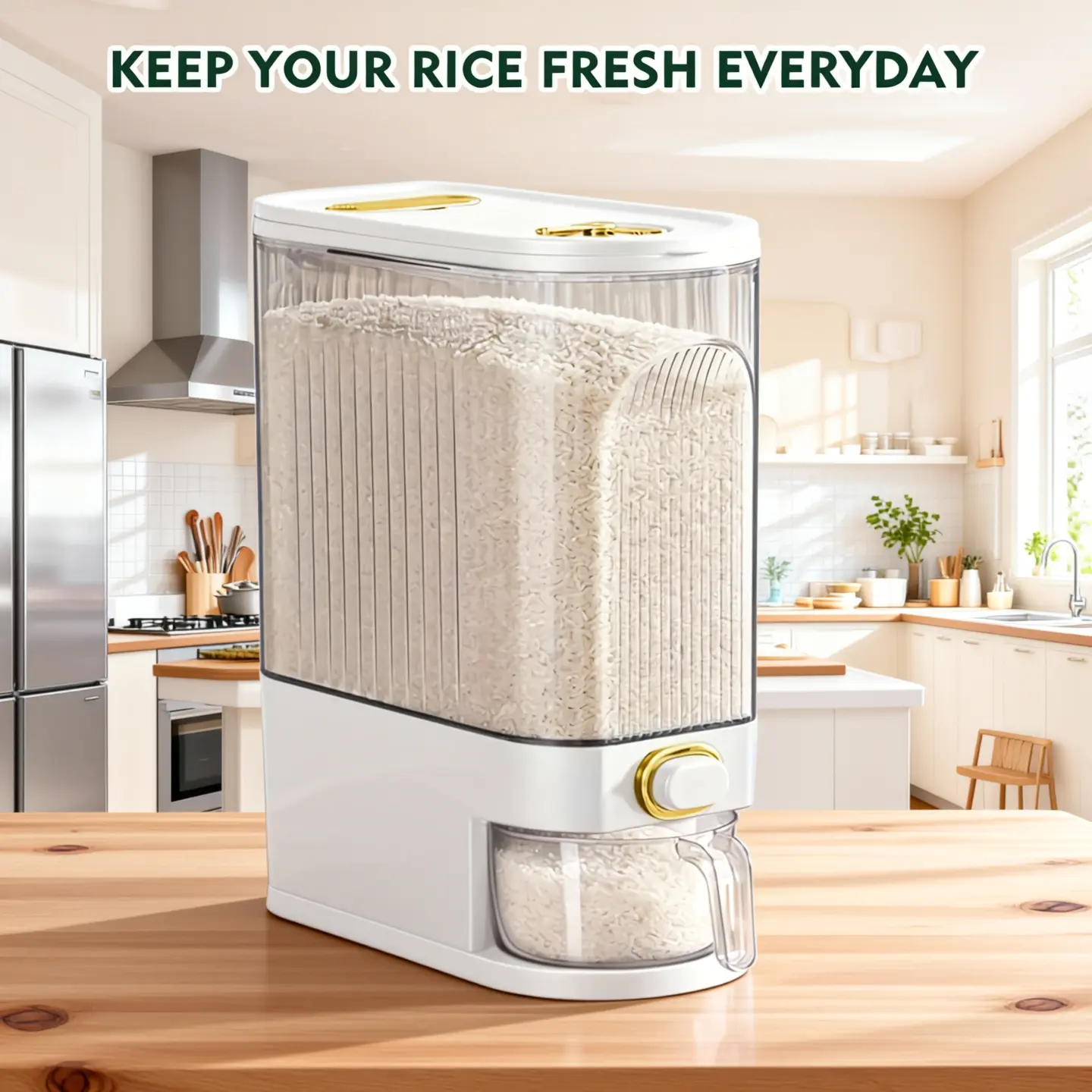 Dispensador de arroz con taza medidora y escala de tiempo - 11.02 lb/22.05 lb, a prueba de polvo, apilable, de plástico duradero, con múltiples compartimentos, apto para alimentos.