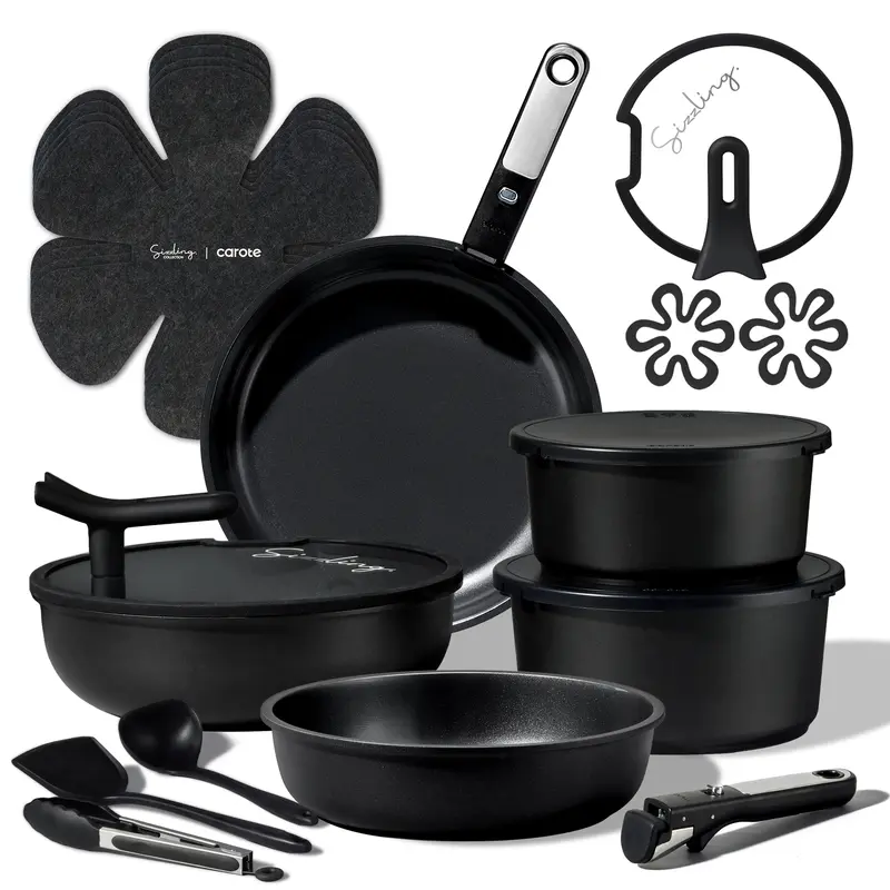 Juego de batería de cocina de cerámica de 20 piezas con tapas de apoyo vertical y mango desmontable; set de ollas y sartenes antiadherentes, no tóxicas y libres de PFAS; utensilios de cocina.