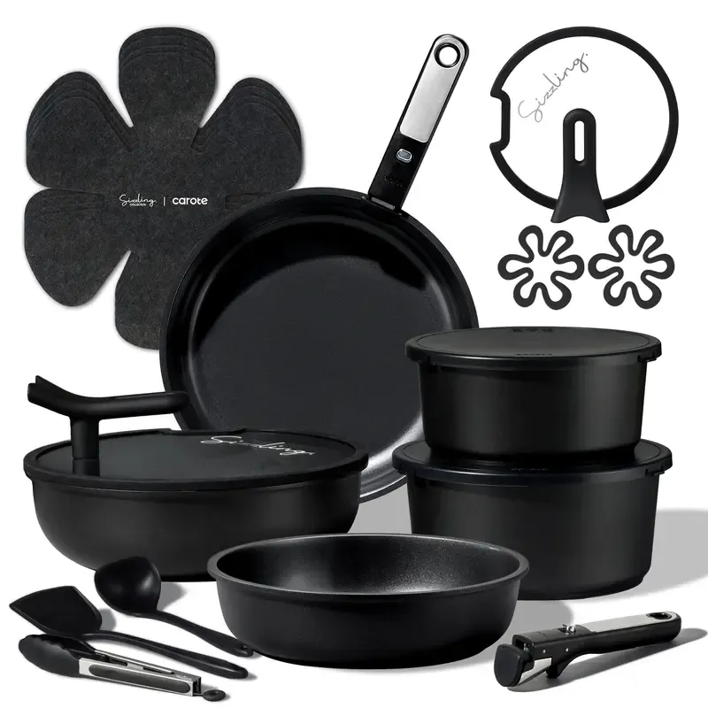 Juego de batería de cocina de cerámica de 20 piezas con tapas de apoyo vertical y mango desmontable; set de ollas y sartenes antiadherentes, no tóxicas y libres de PFAS; utensilios de cocina.