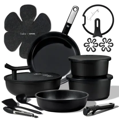 Juego de batería de cocina de cerámica de 20 piezas con tapas de apoyo vertical y mango desmontable; set de ollas y sartenes antiadherentes, no tóxicas y libres de PFAS; utensilios de cocina.