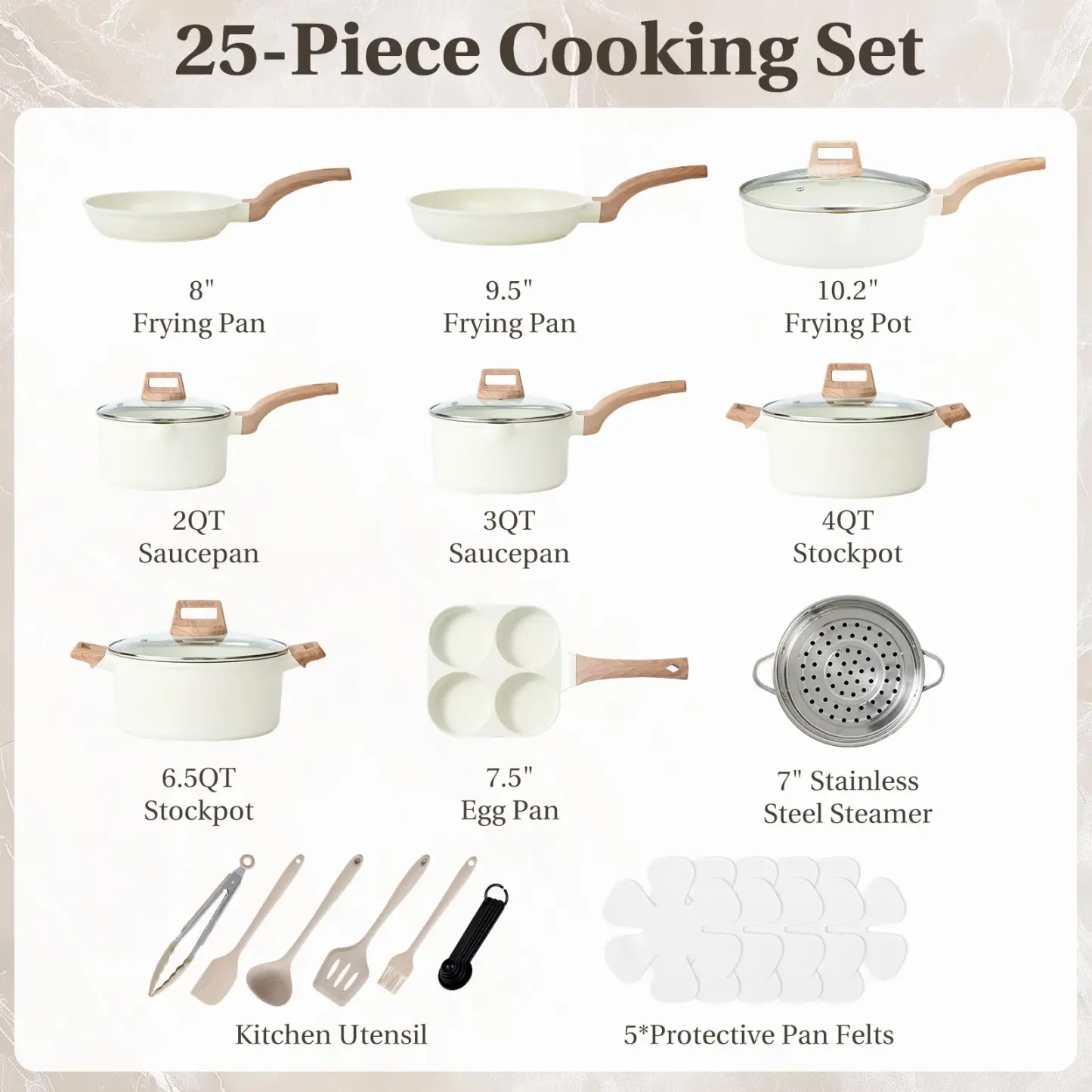 Juego de utensilios de cocina de 25 piezas con revestimiento cerámico y efecto granito antiadherente, con asas que se mantienen frías; juego de ollas y sartenes compatible con inducción para una cocina saludable.
