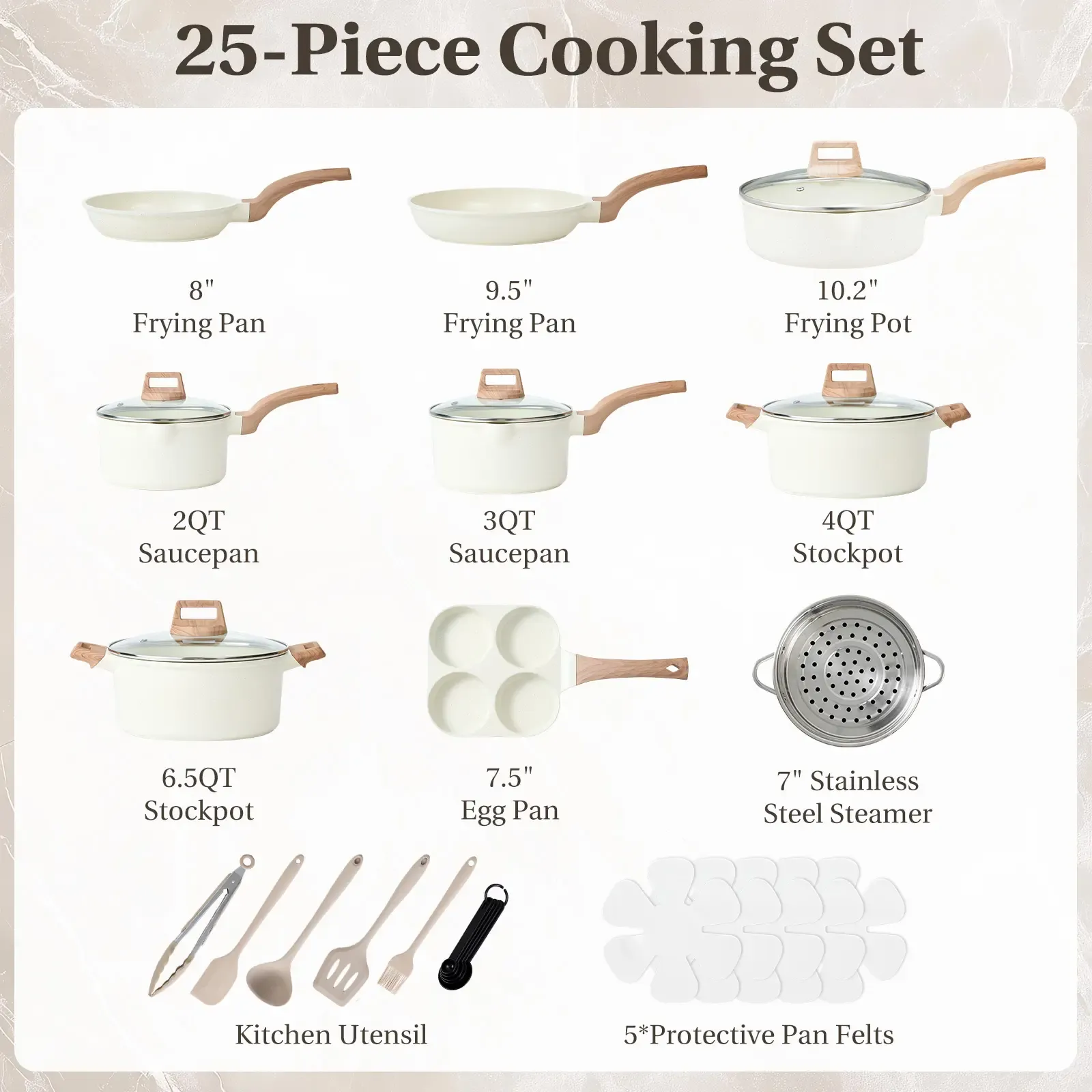 Juego de utensilios de cocina de 25 piezas con revestimiento cerámico y efecto granito antiadherente, con asas que se mantienen frías; juego de ollas y sartenes compatible con inducción para una cocina saludable.