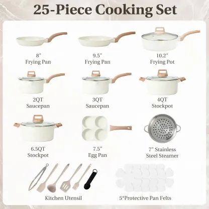 Juego de utensilios de cocina de 25 piezas con revestimiento cerámico y efecto granito antiadherente, con asas que se mantienen frías; juego de ollas y sartenes compatible con inducción para una cocina saludable.