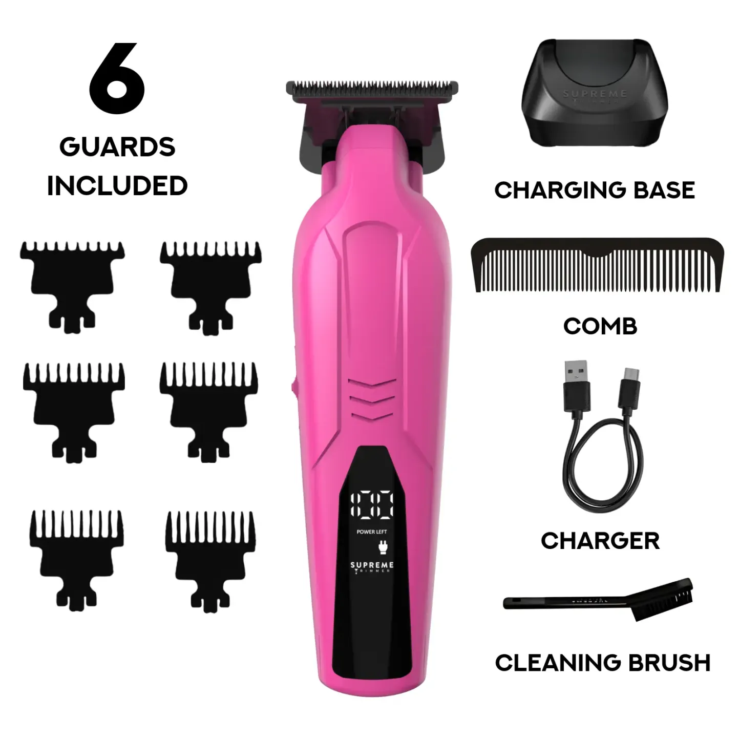 Supreme Trimmer VADER Lite: Cortapelos tipo T-Liner con 6 peines guía, carga USB-C, batería de larga duración, motor de 6,5 W y 7000 RPM para cortes precisos; diseño ergonómico para uso prolongado, inalámbrico y fabricado en acero.