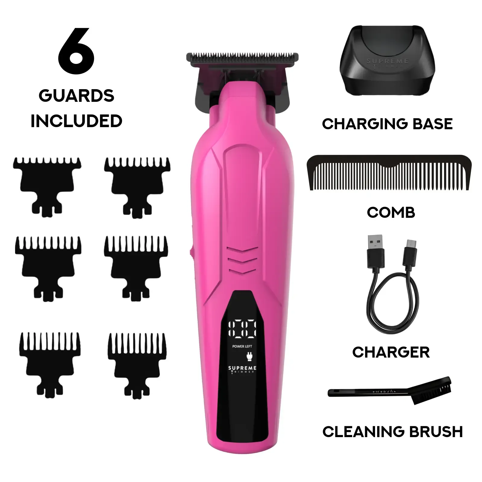 Supreme Trimmer VADER Lite: Cortapelos tipo T-Liner con 6 peines guía, carga USB-C, batería de larga duración, motor de 6,5 W y 7000 RPM para cortes precisos; diseño ergonómico para uso prolongado, inalámbrico y fabricado en acero.