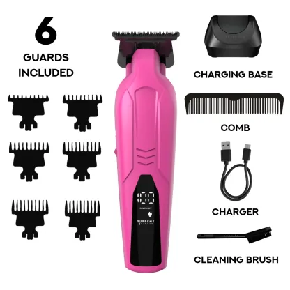 Supreme Trimmer VADER Lite: Cortapelos tipo T-Liner con 6 peines guía, carga USB-C, batería de larga duración, motor de 6,5 W y 7000 RPM para cortes precisos; diseño ergonómico para uso prolongado, inalámbrico y fabricado en acero.