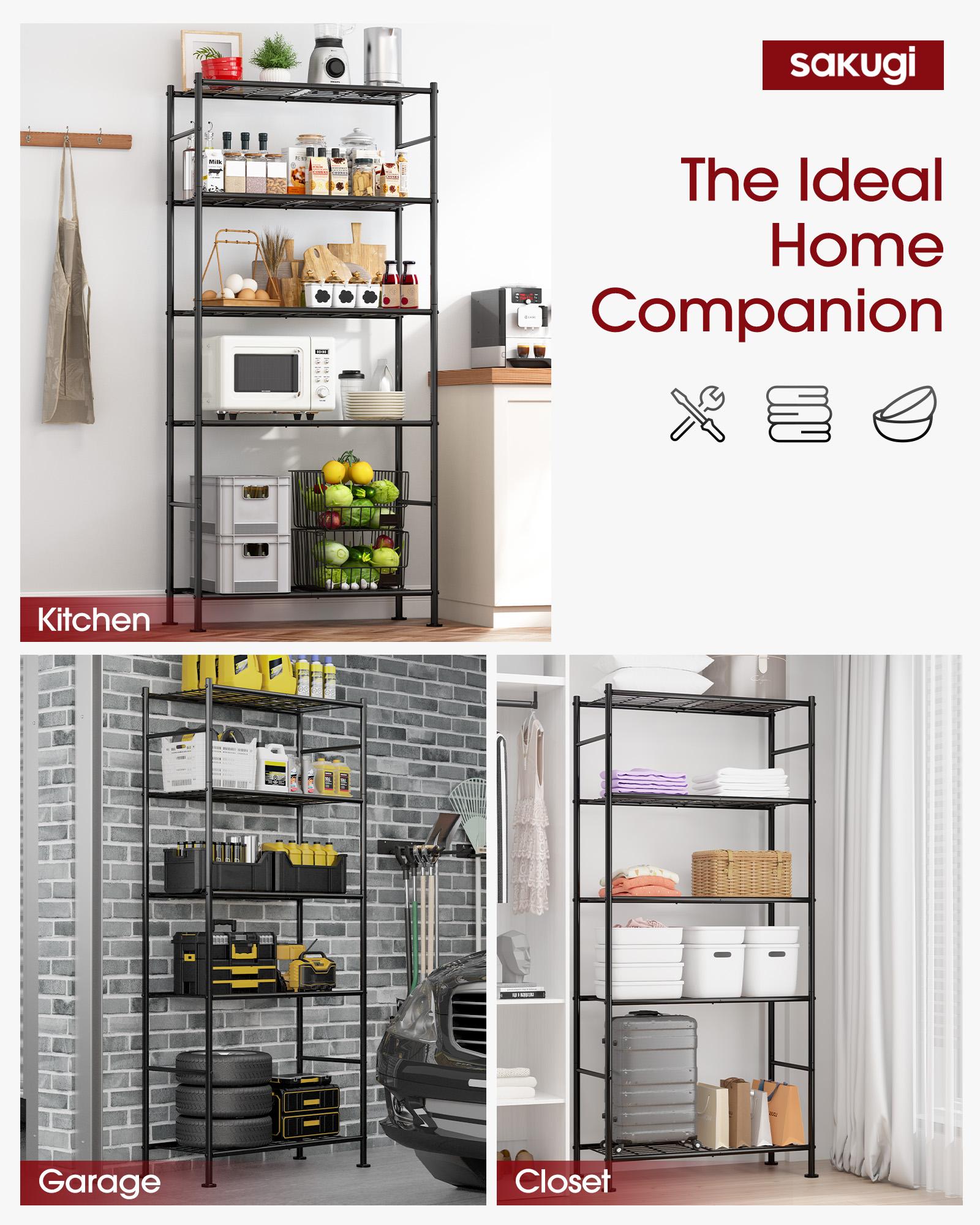 Storage Shelves - 5-Tier Metal Storage Shelves with Wall Anchoring Kit & Leveling Feet, Sturdy Steel Shelf Organizer for Kitchen, Laundry Room, Bathroom, 31.3" x 12.6" x 72", Black