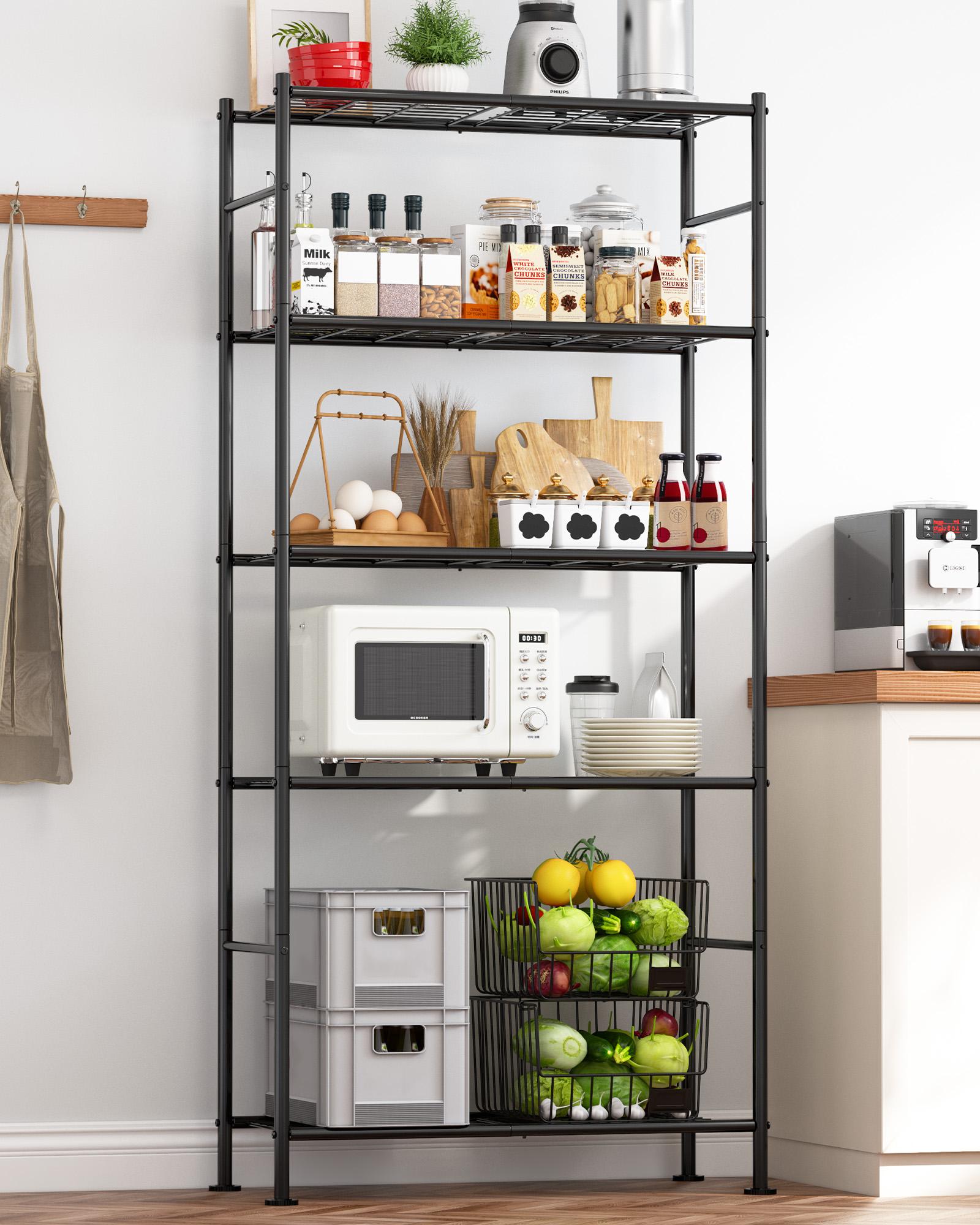 Storage Shelves - 5-Tier Metal Storage Shelves with Wall Anchoring Kit & Leveling Feet, Sturdy Steel Shelf Organizer for Kitchen, Laundry Room, Bathroom, 31.3" x 12.6" x 72", Black