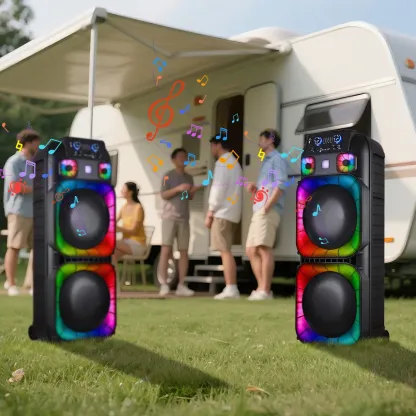 Sistema de altavoces PA portátil con Bluetooth, alta potencia, doble woofer de 15" y tweeter de 1.5"; inalámbrico y recargable, incluye dos micrófonos inalámbricos, control remoto, luces LED de fiesta multicolor y sonido estéreo (SoundBox DJ).