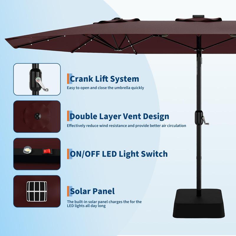 [SummerVibes] Sombrilla grande para exteriores Garvee de 15 pies (4,5 m) con base – Opción de luz LED, diseño de doble cara, manivela, resistente al agua; incluye base lastrada y saco de arena; capacidad para 10 personas; ideal para piscina, jardín, céspe