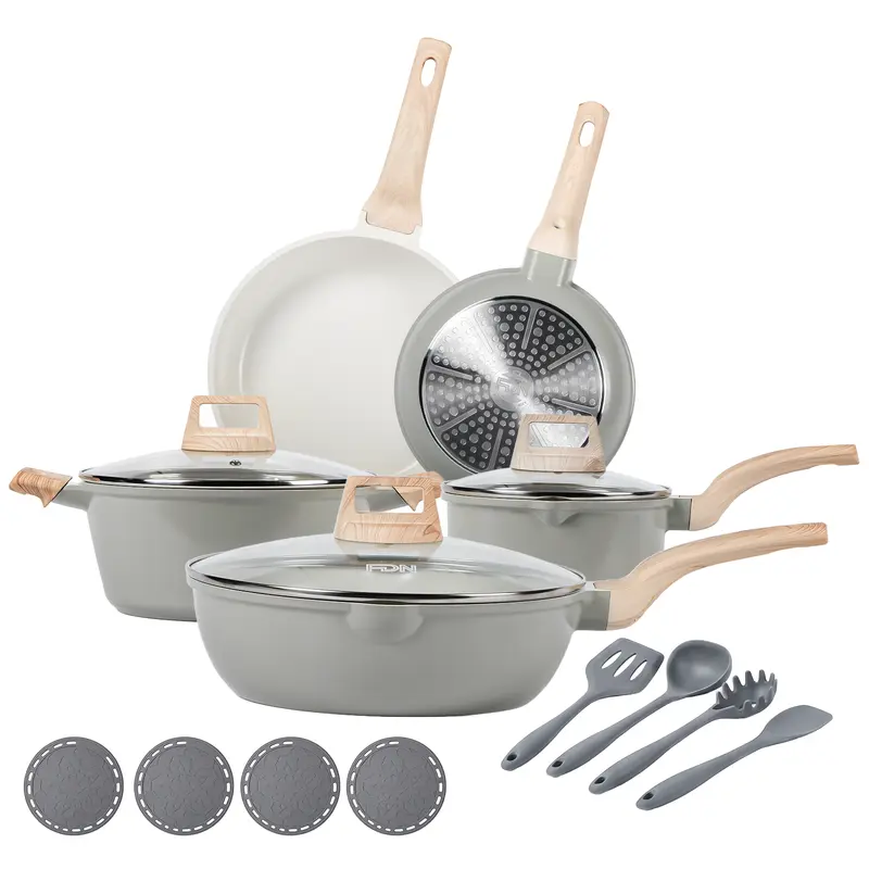 Batería de Cocina de 16 Piezas con Revestimiento Cerámico de Granito y Titanio, Libre de PFAS, Antiadherente, Apta para Inducción, Horno y Lavavajillas, Incluye Sartén de 24 cm, Tapas de Vidrio y Utensilios