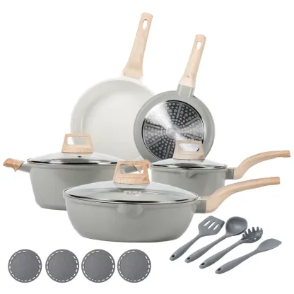 Batería de Cocina de 16 Piezas con Revestimiento Cerámico de Granito y Titanio, Libre de PFAS, Antiadherente, Apta para Inducción, Horno y Lavavajillas, Incluye Sartén de 24 cm, Tapas de Vidrio y Utensilios