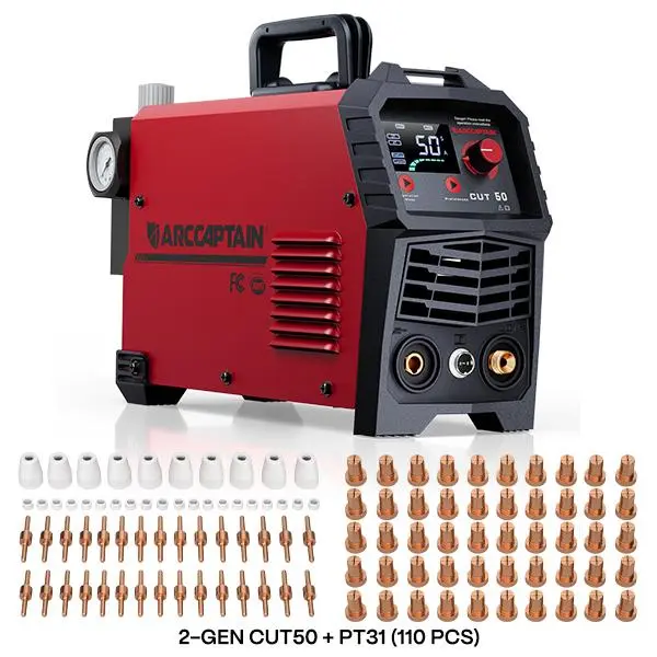 Cortadora de plasma CUT-50 de 50A con inversor IGBT, voltaje dual 110/220V, pantalla LED, corte limpio de metal y diseño portátil.