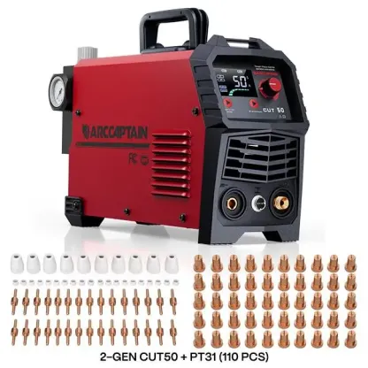 Cortadora de plasma CUT-50 de 50A con inversor IGBT, voltaje dual 110/220V, pantalla LED, corte limpio de metal y diseño portátil.