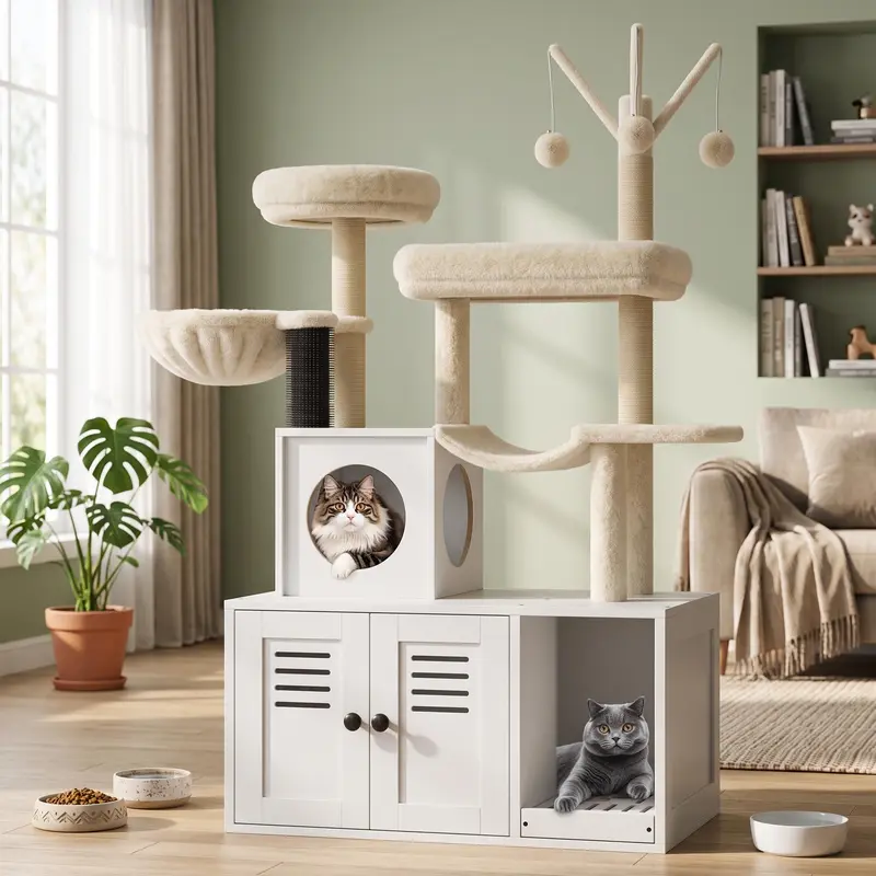 Casa moderna para gatos 2 en 1 con torre y espacio cerrado para el arenero