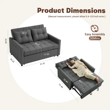 Sofá cama de 52" con cama extraíble, sofá, sofá cama convertible 3 en 1, sofá de dos plazas con respaldo ajustable sin escalones y bolsillo lateral, para sala de estar, dormitorio, apartamento, cama de día, sofás para sala