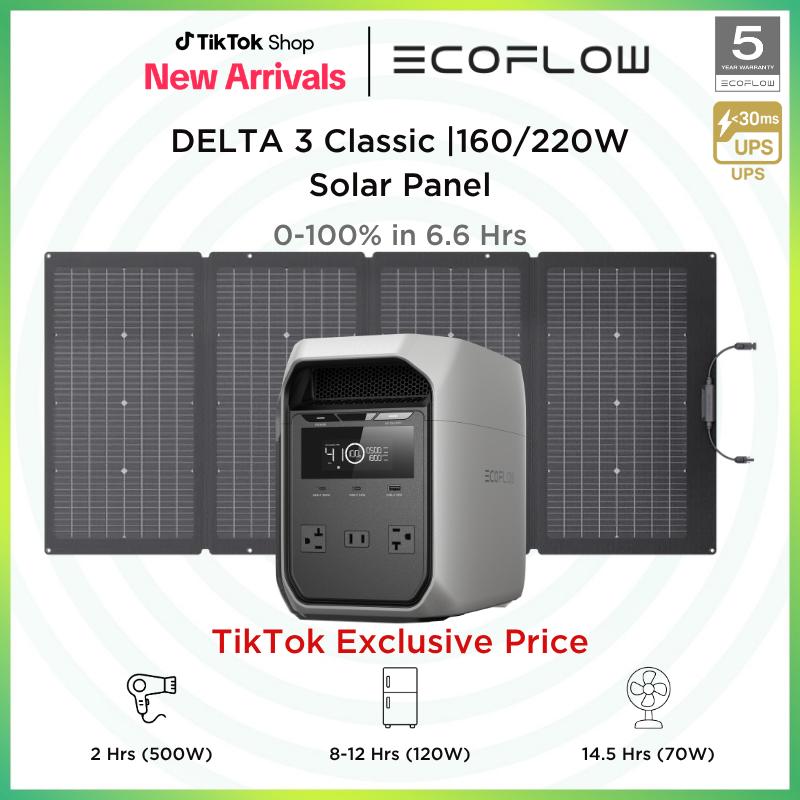 Estación de energía portátil DELTA 3 Classic con panel solar de 160 W o 220 W, carga solar, batería LiFePO4 y salida de CA de 1800 W / USB-C de 100 W.