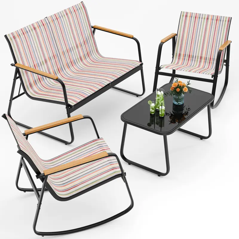Juego de muebles de patio modernos de 4 piezas, resistente conjunto para zona de conversación: resistente a la intemperie, estable y con reposabrazos de madera; incluye 2 mecedoras y mesa de centro para patio o balcón.