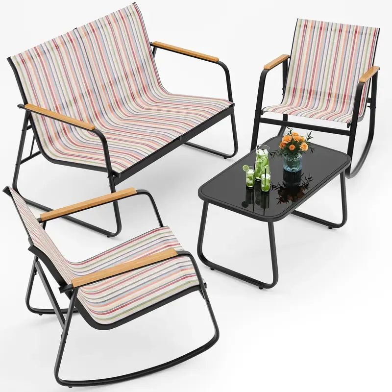 Juego de muebles de patio modernos de 4 piezas, resistente conjunto para zona de conversación: resistente a la intemperie, estable y con reposabrazos de madera; incluye 2 mecedoras y mesa de centro para patio o balcón.