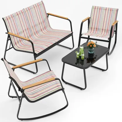 Juego de muebles de patio modernos de 4 piezas, resistente conjunto para zona de conversación: resistente a la intemperie, estable y con reposabrazos de madera; incluye 2 mecedoras y mesa de centro para patio o balcón.