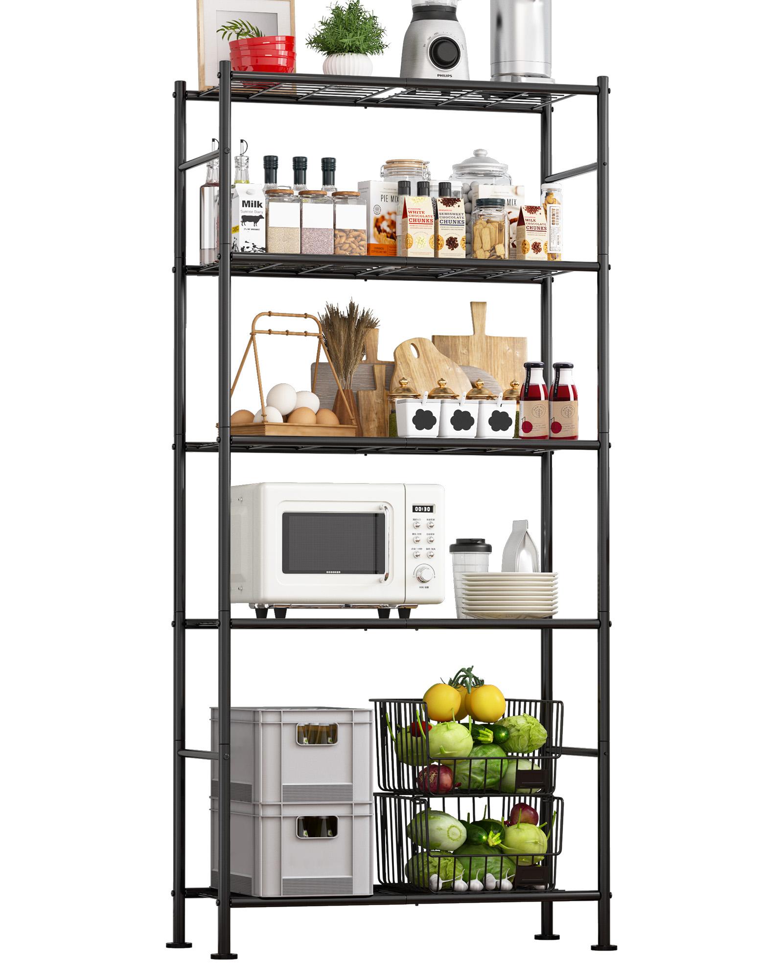 Storage Shelves - 5-Tier Metal Storage Shelves with Wall Anchoring Kit & Leveling Feet, Sturdy Steel Shelf Organizer for Kitchen, Laundry Room, Bathroom, 31.3" x 12.6" x 72", Black