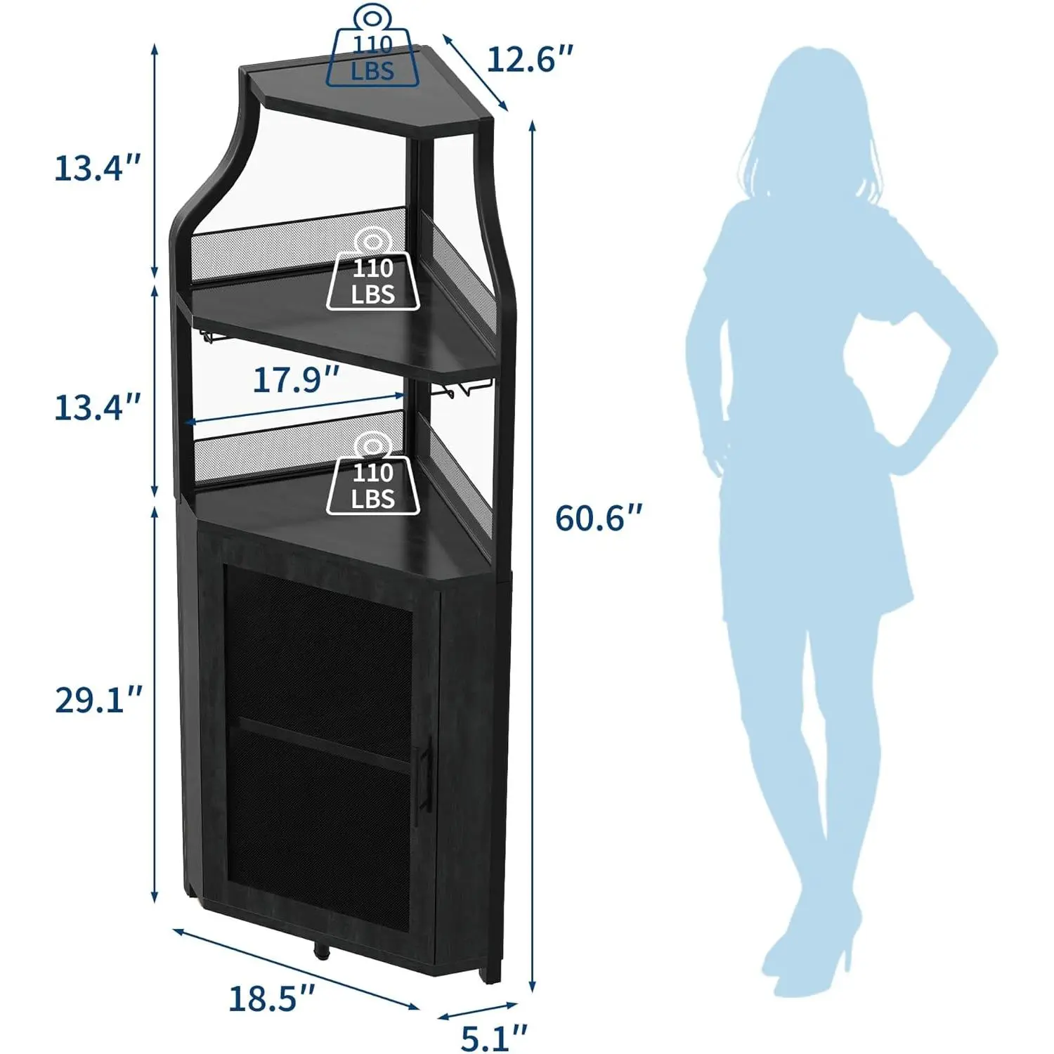 Mueble esquinero para vinos con estante extraíble y puerta estilo granero de 5 niveles